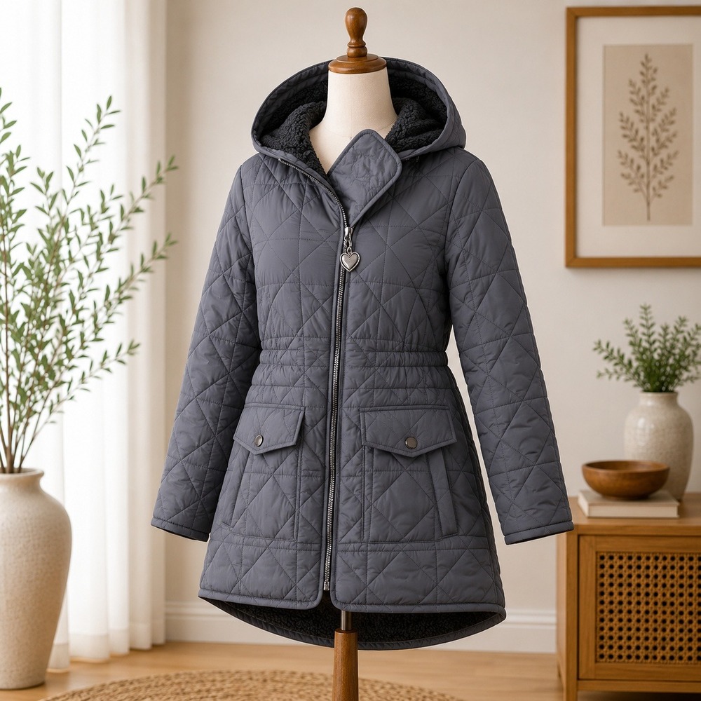 Lucky Brand Quilted Hooded Jacket Womens Medium‎ Grey Sherpa Lined Barn Coat